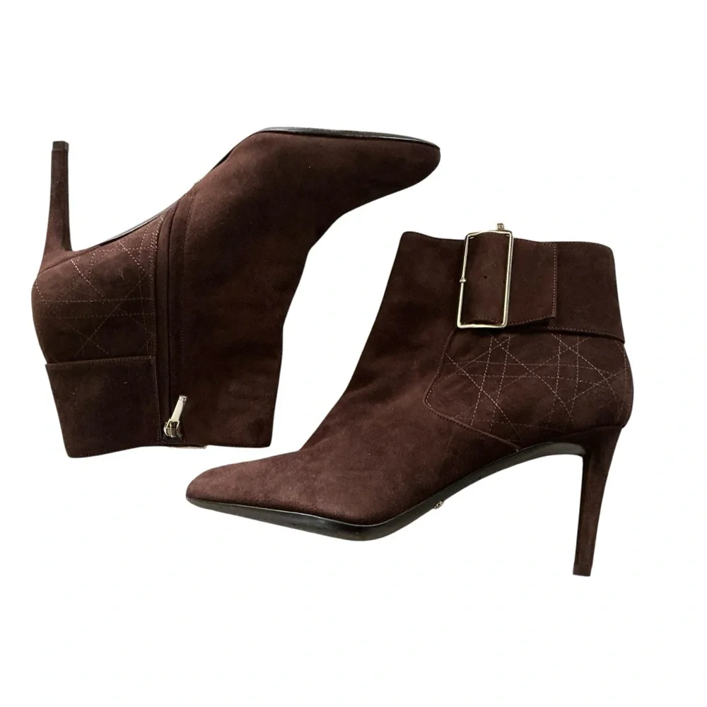 Christian Dior suede ankle boots brown graphic cannage pattern zip closure 40.5 - Picture 7 of 12